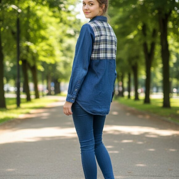 ASOS Women’s Denim Shirt with Plaid Back Yoke Chambray Y2K Western 90s Size 0 US - Picture 1 of 8